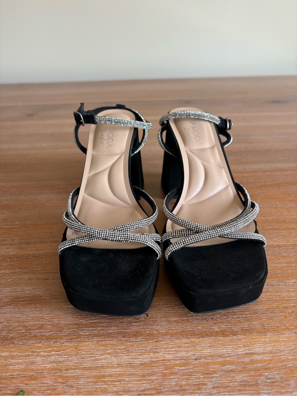 TOP Moda Black Platform Heels with Silver Crystal Straps